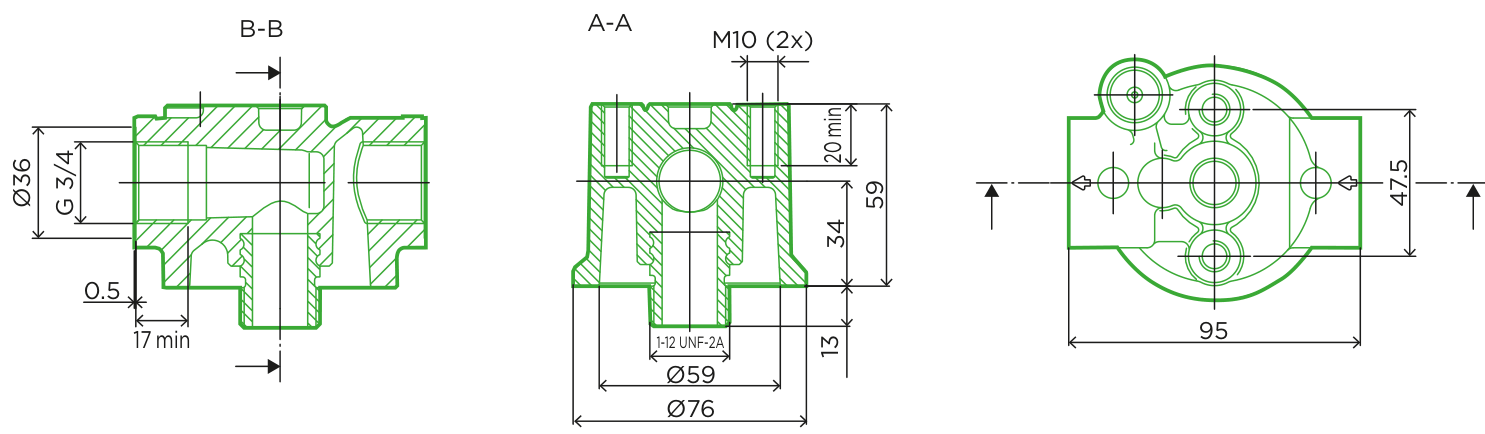 A-A, B-B, 0,5, 17 min, Ø59, Ø76, 1-12 UNF-2A, M10 (2x), 95
