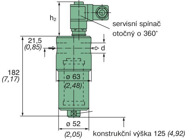 ø 52, (2,05), h2, konstrukční výška 125 (4,92), servisní spínač, otočný o 360&deg;, 182, (7,17), 21,5, (0,85), d, ø 63, (2,48)