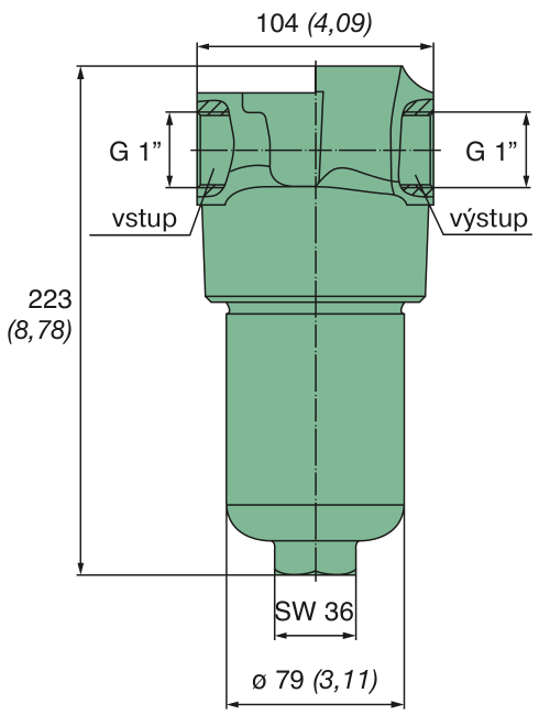 SW 36, 223, (8,78), G 1”, ø 79 (3,11), výstup, 104 (4,09), vstup