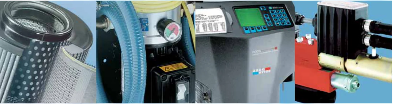 Výrobky ARGO-HYTOS: filtrační vložka, servisní filtrační jednotka, systém pro diagnostiku oleje, hydraulický ventil